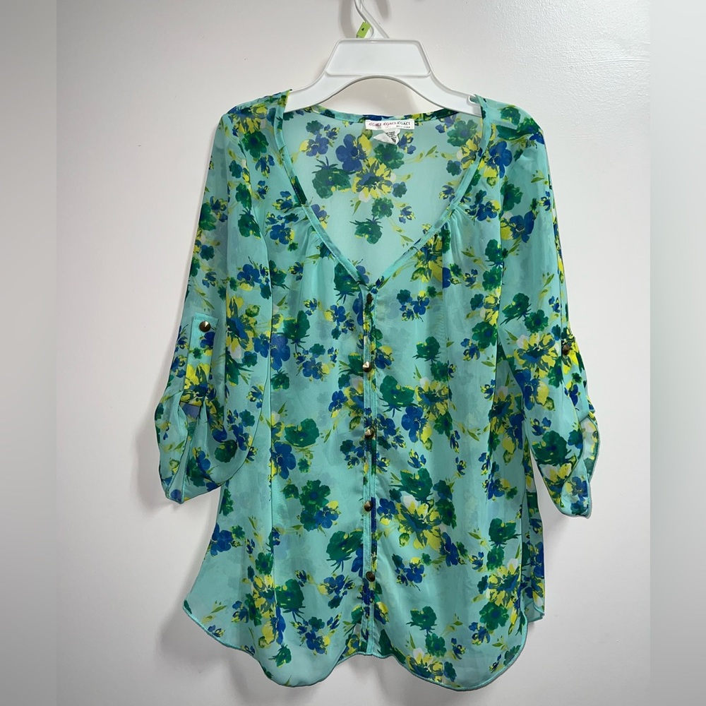 Blue and Green Floral Sheer Summer Button Up Blouse Size Small